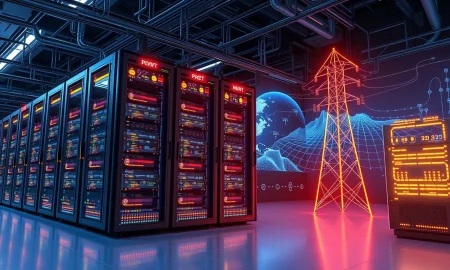 AI data centers consuming massive electricity with global power grid connections and energy consumption metrics