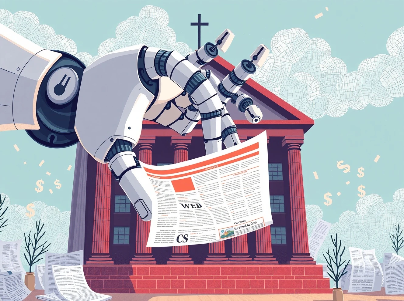 AI threat to publishers illustrated by robotic hands consuming digital content while traditional media buildings crumble