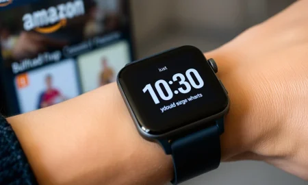 Sleek Amazon smartwatch showing fitness tracking features on wrist