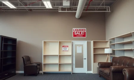 Bankrupt furniture chain store closure with liquidation sale signs and empty showroom