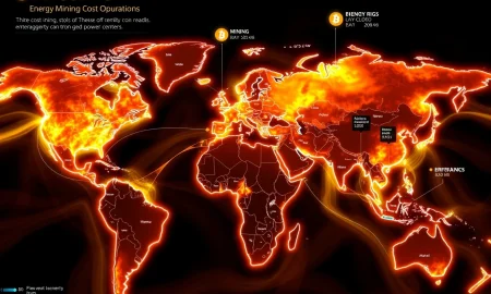 Global Bitcoin mining operations showing energy cost disparities and geopolitical influence on cryptocurrency markets
