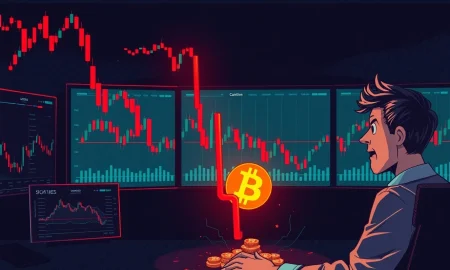 Bitcoin price chart showing sharp decline with analysis indicators during market volatility