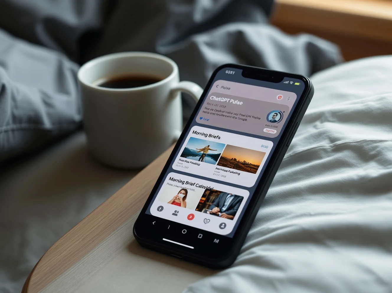 ChatGPT Pulse displaying personalized morning briefs with AI-generated cards on smartphone
