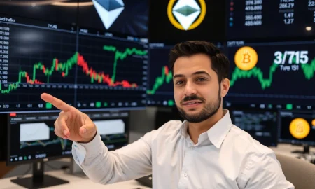 Economist analyzing crypto bull cycle trends with market charts showing Ethereum and Bitcoin performance