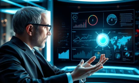 A dynamic holographic display shows key metrics and a clear path forward, representing how Decision Intelligence provides actionable insights for business growth.