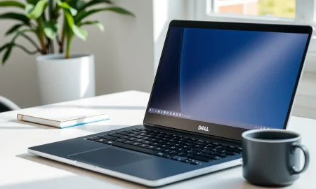 Dell Inspiron work laptop on professional desk setup for remote productivity