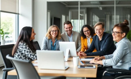 Diverse team including disabled employees collaborating successfully in modern office environment