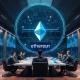 Corporate Ethereum treasury strategy meeting with digital asset visualization