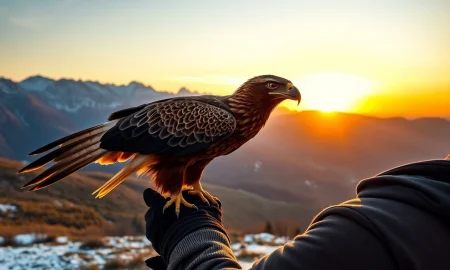 Master falconer practicing falconry conservation with golden eagle in natural habitat