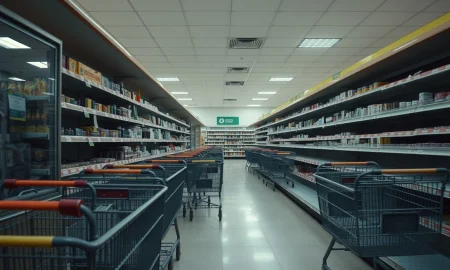 Empty grocery store showing grocery chains closing locations with abandoned shopping carts and dim lighting