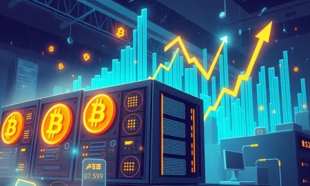 Hut 8 cryptocurrency mining operation with rising stock graph and Bitcoin symbols