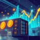 Hut 8 cryptocurrency mining operation with rising stock graph and Bitcoin symbols