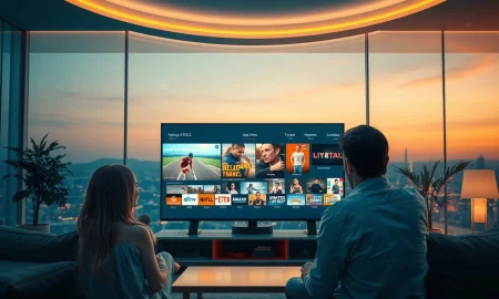 A family enjoys diverse content on a large screen, highlighting the convenience and variety of IPTV entertainment.