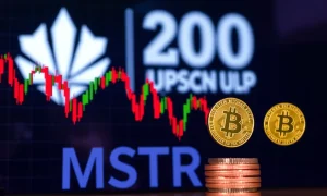 MSTR stock performance chart showing surge alongside Bitcoin and S&P 500 inclusion news