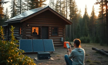 Peaceful off-grid living scene with sustainable energy solutions in natural setting