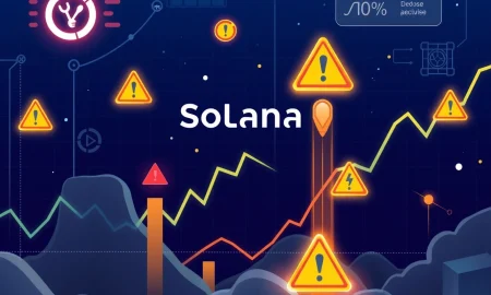 Solana launchpad ecosystem showing growth charts alongside legal warning symbols