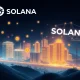 Solana RWA transformation showing digital tokens converting into real-world assets with blockchain network background