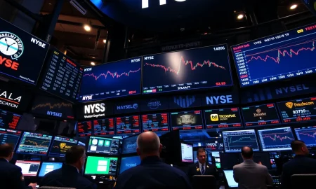 Professional macro trader analyzing stock market today data on multiple monitors with real-time charts