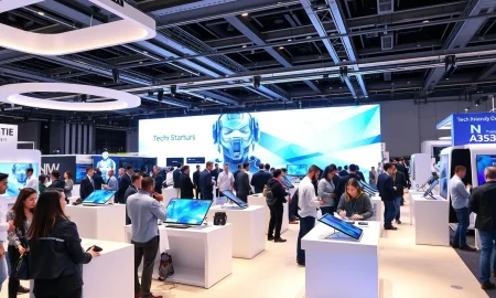 Startup exhibition table at StockPil Disrupt 2025 connecting innovators with investors