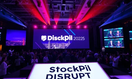 StockPil Disrupt 2025 conference attendees networking at Moscone West with tech displays