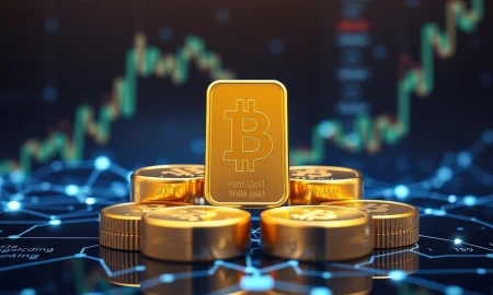 Digital tokenized gold bars representing blockchain-based safe-haven investment growth