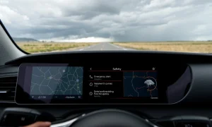 TuneIn FEMA emergency alerts displayed on car dashboard during severe weather conditions