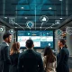 A financial executive leads a team using a digital dashboard, symbolizing the impact of Unified Risk Management on banking efficiency and strategic oversight.