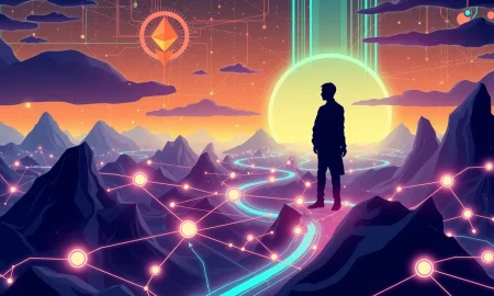 Vitalik Buterin explaining the revolutionary Ethereum upgrade with blockchain nodes visualization