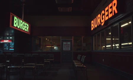 Empty burger chain restaurant with closed sign after sudden shutdown