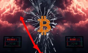 Bitcoin price chart crashing during crypto market crash with red downward arrows
