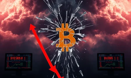 Bitcoin price chart crashing during crypto market crash with red downward arrows