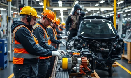 UK automotive supply chain workers addressing manufacturing challenges in modern factory