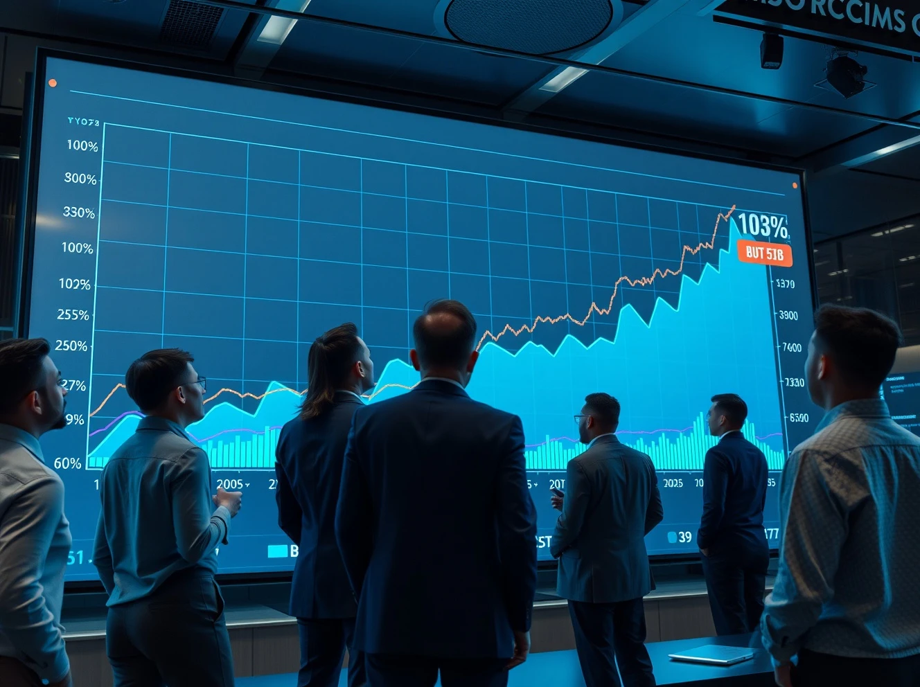 Financial analysts reviewing 2026 market forecast data showing 10% growth projection