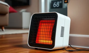 An affordable Amazon space heater providing quick warmth in a home office setting.