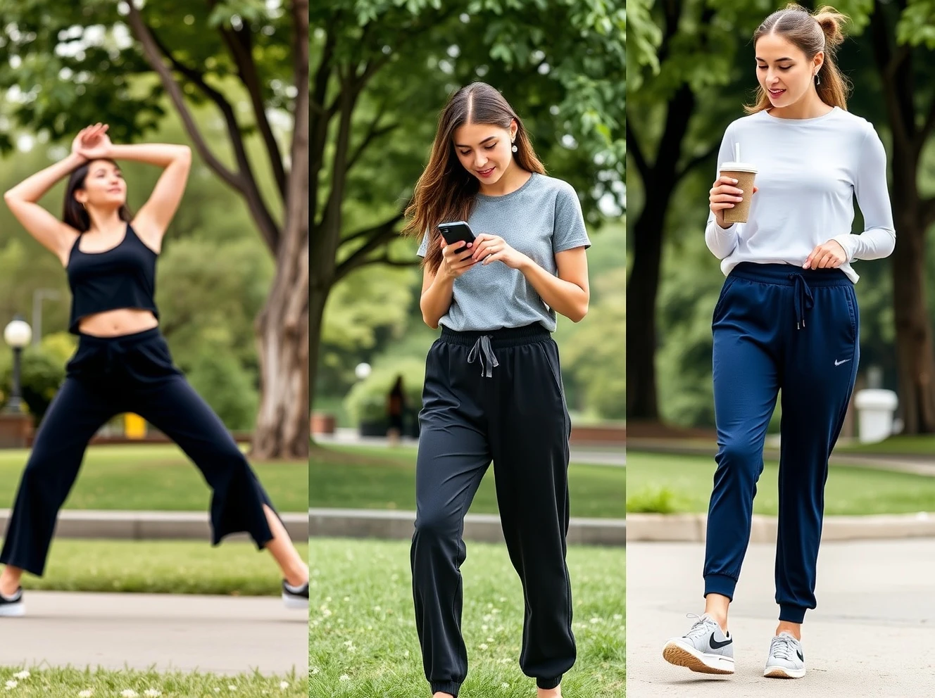 Women wearing affordable Amazon high-rise joggers during everyday activities, demonstrating comfort and style.