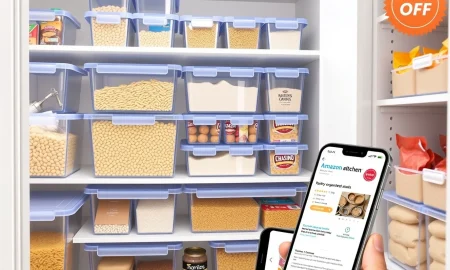 Amazon pantry organizer bins neatly storing dry goods in a modern kitchen pantry.