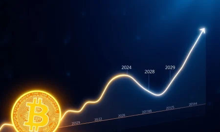 Bitcoin price prediction chart showing projected growth to 2029 peak after 2028 halving event