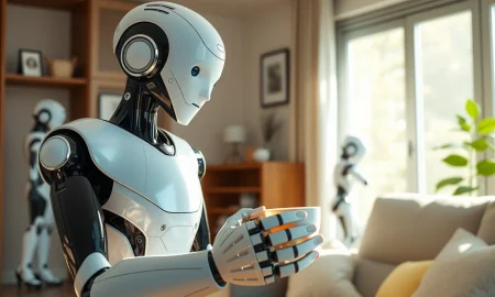 Humanoid robot assisting elderly person in a home, representing the future of care and the $9 trillion market growth.