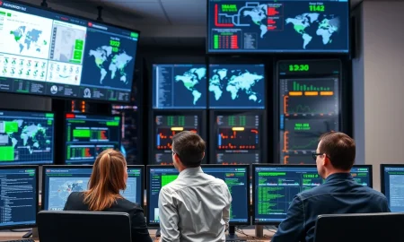 IT support professionals monitoring business continuity systems and network dashboards to prevent operational disruption