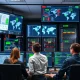 IT support professionals monitoring business continuity systems and network dashboards to prevent operational disruption