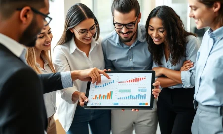 Diverse group mastering investments for beginners while analyzing financial charts on a tablet