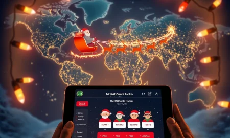 AI-powered Santa tracker showing real-time location on global map with holiday interface