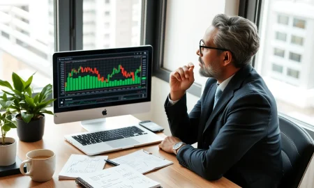 A small business owner analyzing financial trading charts and business reports for a diversification strategy.