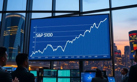 S&P 500 index achieving a historic milestone on a trading floor data screen