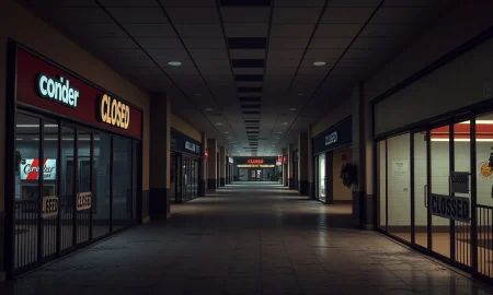 Empty mall corridor symbolizing the 2025 retail bankruptcies and vanished brands.