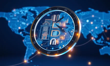 Tokenization process transforming real-world assets into digital tokens on a global financial network map.