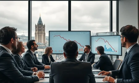 UK business professionals analyzing economic downturn data from CBI survey showing slowing activity.