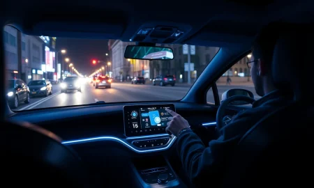 Waymo Gemini AI assistant interface inside a futuristic autonomous vehicle cabin.