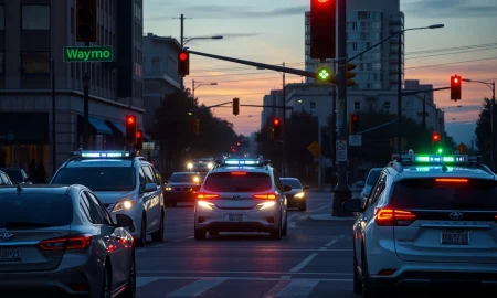 Waymo robotaxis navigating San Francisco intersection during power outage with disabled traffic lights