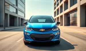 2027 Chevy Bolt EV on city street showing redesigned front end and new features